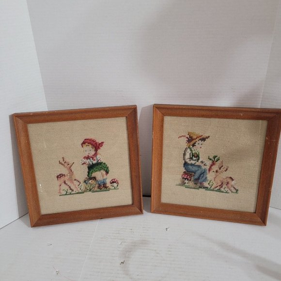 Vtg MCM Framed Gnome Elf Cross Stitch Needlepoint Set Complete Wall Art Mushroom